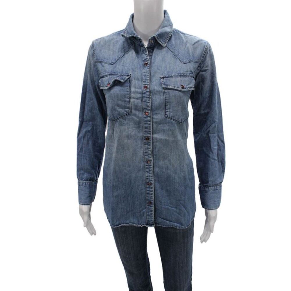 Current/Elliott Women Button-Up Shirt Blue Long Sleeve Cotton Size 1